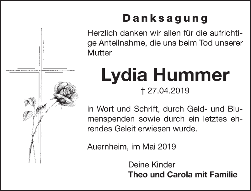  Traueranzeige für Lydia Hummer vom 15.05.2019 aus Weißenburger Tagblatt u.Treuchtlinger Kurier Lokal