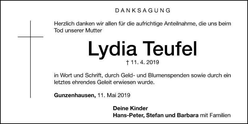  Traueranzeige für Lydia Teufel vom 11.05.2019 aus Altmühl-Bote Lokal
