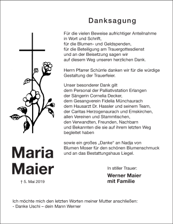 Traueranzeige von Maria Maier von Nordbayerische Nachrichten Herzogenaurach Lokal