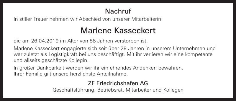  Traueranzeige für Marlene Kasseckert vom 04.05.2019 aus Nordbayerische Nachrichten Pegnitz Lokal