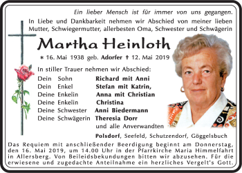 Traueranzeige von Martha Heinloth von Roth-Hilpoltsteiner Volkszeitung Lokal
