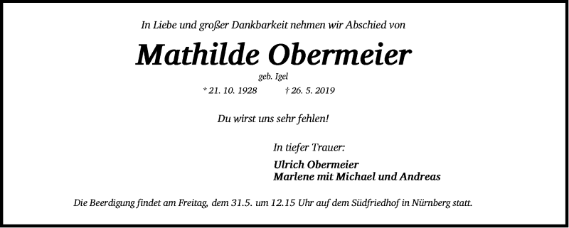  Traueranzeige für Mathilde Obermeier vom 29.05.2019 aus Gesamtausgabe Nürnberger Nachrichten/ Nürnberger Ztg.