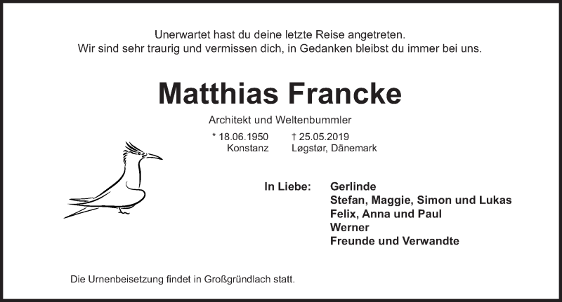  Traueranzeige für Matthias Francke vom 01.06.2019 aus Gesamtausgabe Nürnberger Nachrichten/ Nürnberger Ztg.