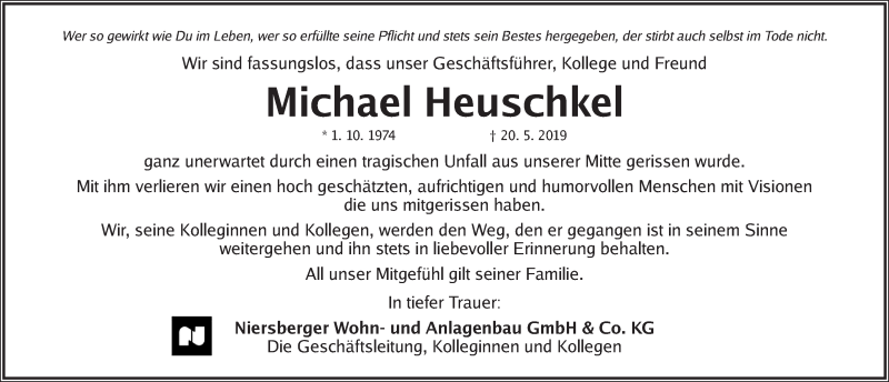  Traueranzeige für Michael Heuschkel vom 25.05.2019 aus Gesamtausgabe Nürnberger Nachrichten/ Nürnberger Ztg.