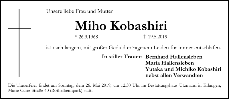  Traueranzeige für Miho Kobashiri vom 22.05.2019 aus Gesamtausgabe Nürnberger Nachrichten/ Nürnberger Ztg./ Erlanger Nachrichten