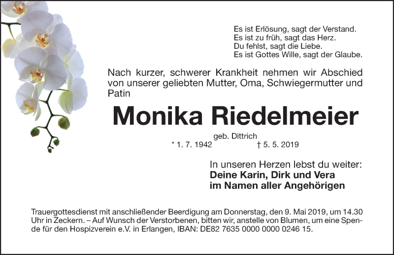  Traueranzeige für Monika Riedelmeier vom 07.05.2019 aus Erlanger Nachrichten/ Nordbayer. Nachrichten Herzogenaurach