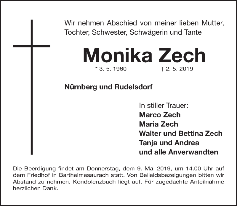  Traueranzeige für Monika Zech vom 06.05.2019 aus Gesamtausgabe Nürnberger Nachrichten/ Nürnberger Ztg.