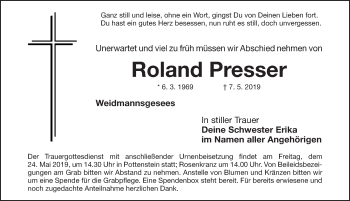 Traueranzeige von Roland Presser von Nordbayerische Nachrichten Pegnitz Lokal