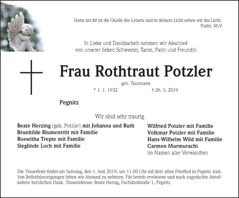  Traueranzeige für Rothtraut Potzler vom 29.05.2019 aus Nordbayerische Nachrichten Pegnitz Lokal