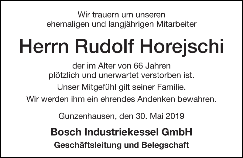  Traueranzeige für Rudolf Horejschi vom 30.05.2019 aus Altmühl-Bote Lokal