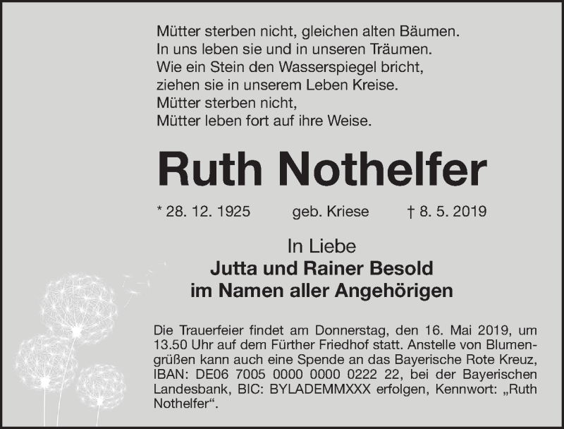  Traueranzeige für Ruth Nothelfer vom 11.05.2019 aus Gesamtausgabe Nürnberger Nachrichten/ Nürnberger Ztg.