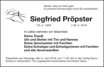 Traueranzeige von Siegfried Pröbster von Gesamtausgabe Nürnberger Nachrichten/ Nürnberger Ztg./ Fürther Nachrichten