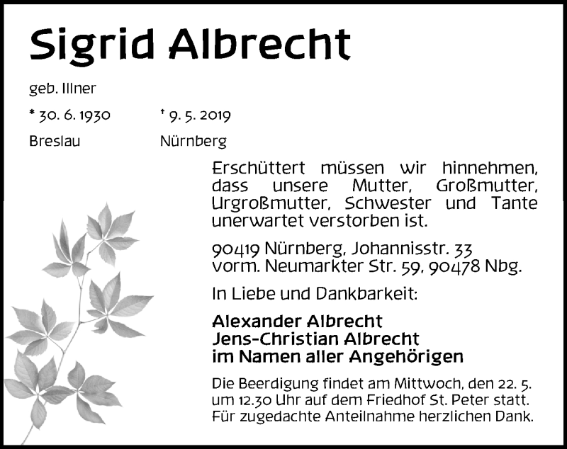  Traueranzeige für Sigrid Albrecht vom 20.05.2019 aus Gesamtausgabe Nürnberger Nachrichten/ Nürnberger Ztg.