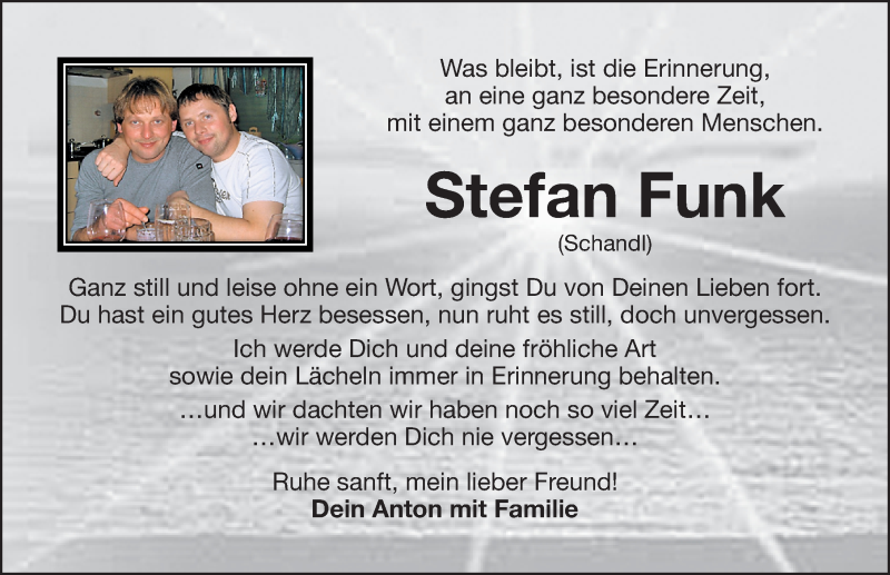  Traueranzeige für Stefan Funk vom 08.05.2019 aus Nordbayerische Nachrichten Pegnitz Lokal