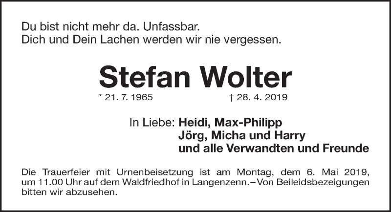  Traueranzeige für Stefan Wolter vom 03.05.2019 aus Fürther Nachrichten Lokal