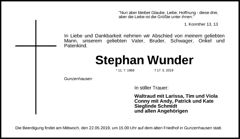  Traueranzeige für Stephan Wunder vom 20.05.2019 aus Altmühl-Bote Lokal