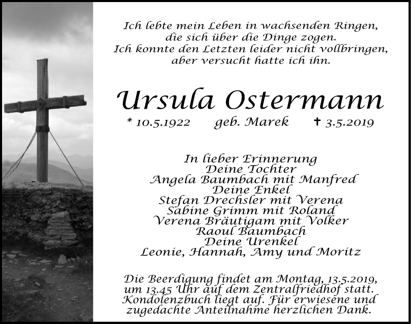  Traueranzeige für Ursula Ostermann vom 08.05.2019 aus Erlanger Nachrichten Lokal