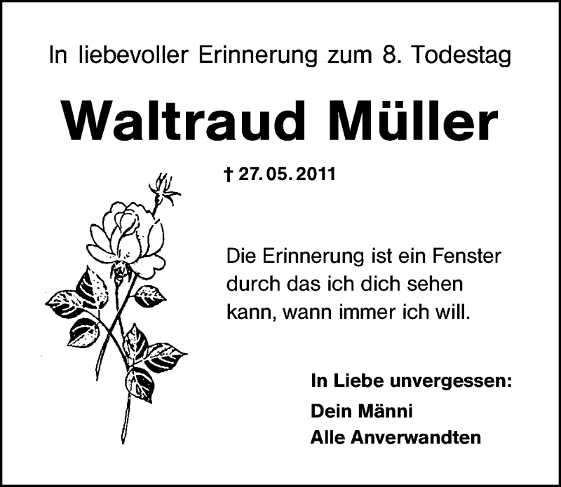  Traueranzeige für Waltraud Müller vom 27.05.2019 aus Schwabach