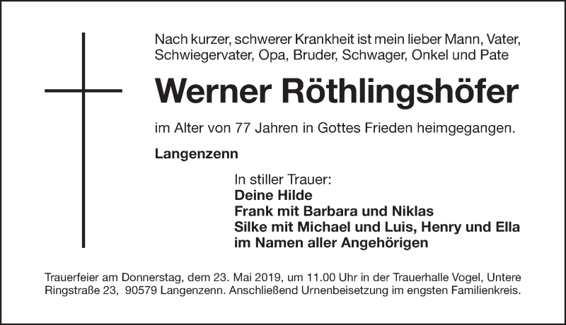  Traueranzeige für Werner Röthlingshöfer vom 18.05.2019 aus Fürther Nachrichten Lokal