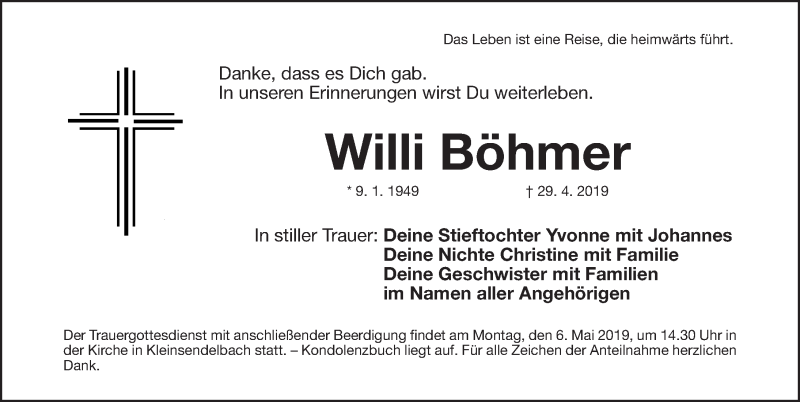  Traueranzeige für Willi Böhmer vom 03.05.2019 aus Erlanger Nachrichten Lokal