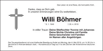 Traueranzeige von Willi Böhmer von Erlanger Nachrichten Lokal