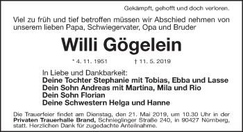 Traueranzeige von Willi Gögelein von Gesamtausgabe Nürnberger Nachrichten/ Nürnberger Ztg.