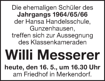 Traueranzeige von Willi Messerer von Altmühl-Bote Lokal