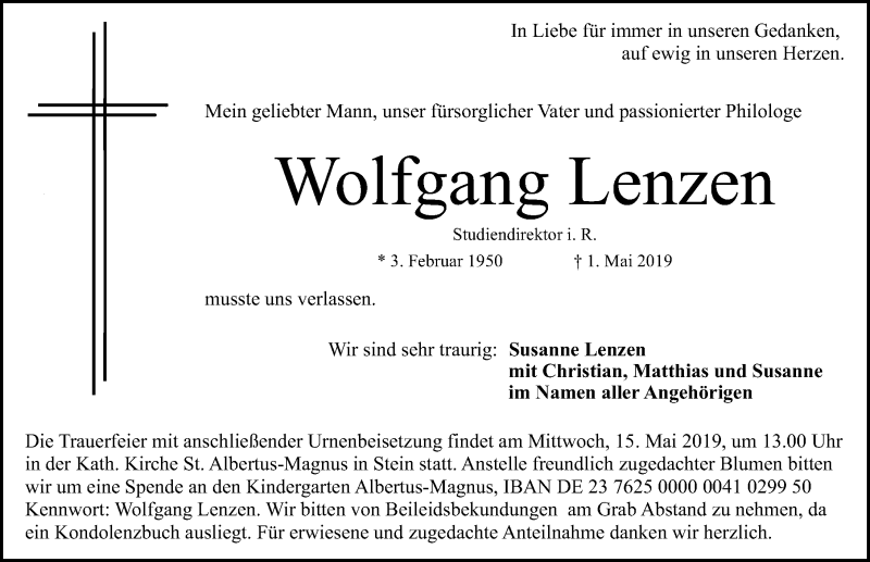  Traueranzeige für Wolfgang Lenzen vom 08.05.2019 aus Gesamtausgabe Nürnberger Nachrichten/ Nürnberger Ztg./ Fürther Nachrichten