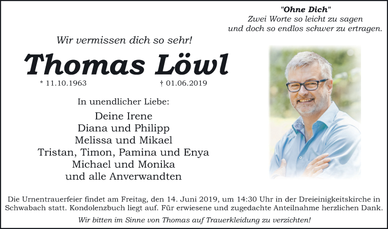  Traueranzeige für Thomas Löwl vom 08.06.2019 aus Schwabach