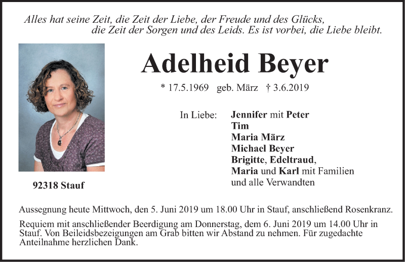  Traueranzeige für Adelheid Beyer vom 05.06.2019 aus Neumarkter Nachrichten Lokal