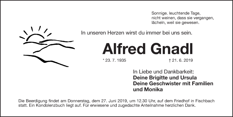  Traueranzeige für Alfred Gnadl vom 26.06.2019 aus Gesamtausgabe Nürnberger Nachrichten/ Nürnberger Ztg.