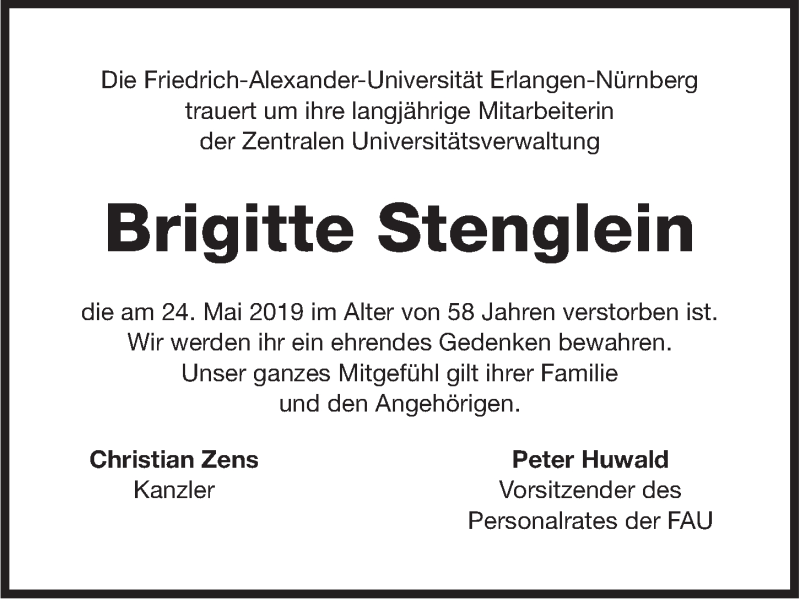  Traueranzeige für Brigitte Stenglein vom 05.06.2019 aus Erlanger Nachrichten Lokal