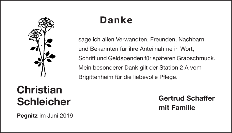  Traueranzeige für Christian Schleicher vom 08.06.2019 aus Nordbayerische Nachrichten Pegnitz Lokal