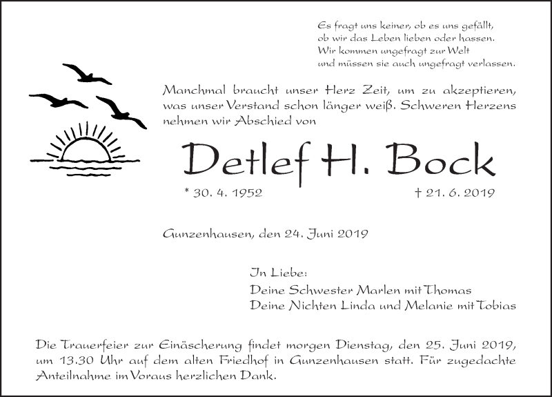  Traueranzeige für Detlef H. Bock vom 24.06.2019 aus Altmühl-Bote Lokal