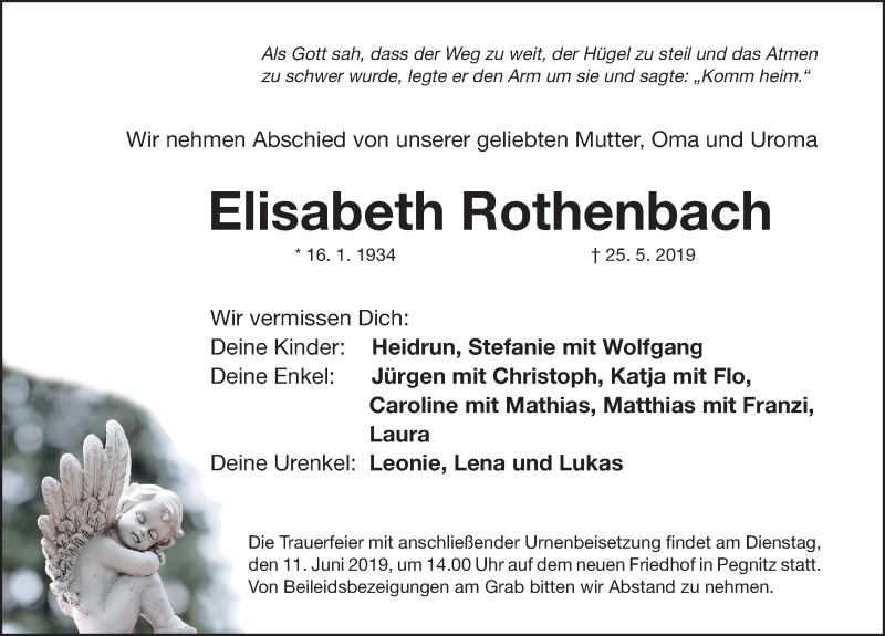  Traueranzeige für Elisabeth Rothenbach vom 07.06.2019 aus Nordbayerische Nachrichten Pegnitz Lokal