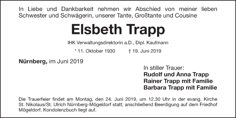  Traueranzeige für Elsbeth Trapp vom 22.06.2019 aus Gesamtausgabe Nürnberger Nachrichten/ Nürnberger Ztg.