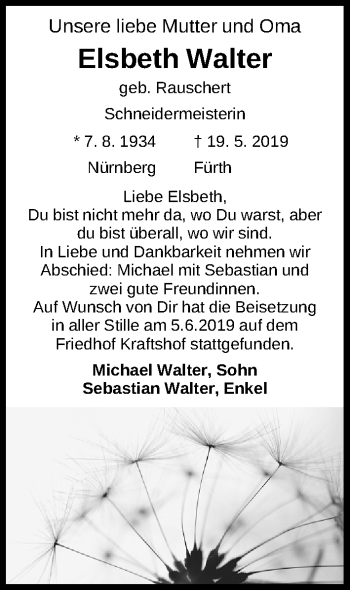 Traueranzeige von Elsbeth Walter von Gesamtausgabe Nürnberger Nachrichten/ Nürnberger Ztg.