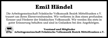Traueranzeige von Emil Händel von Gesamtausgabe Nürnberger Nachrichten/ Nürnberger Ztg.