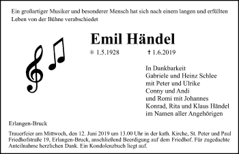 Traueranzeige von Emil Händel von Gesamtausgabe Nürnberger Nachrichten/ Nürnberger Ztg./ Erlanger Nachrichten