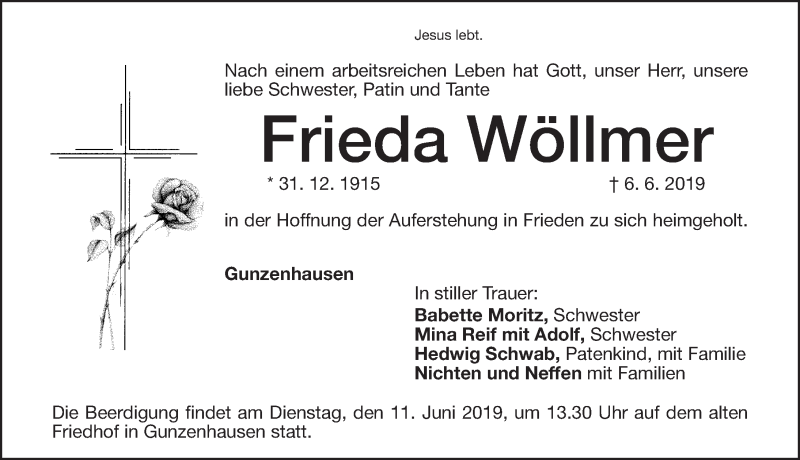  Traueranzeige für Frieda Wöllmer vom 08.06.2019 aus Altmühl-Bote Lokal