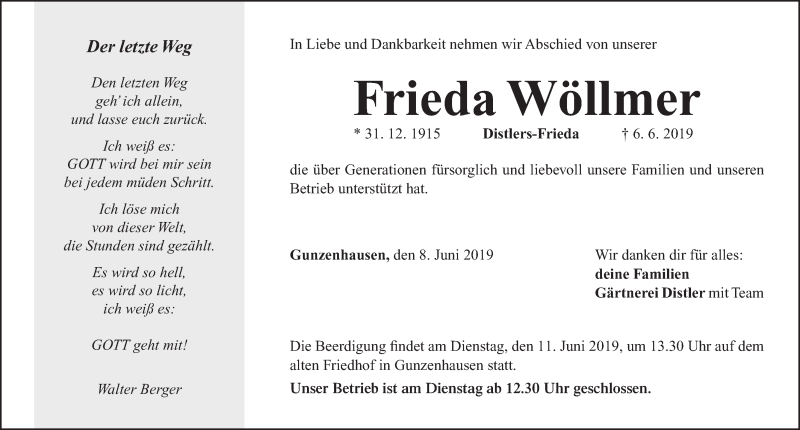  Traueranzeige für Frieda Wöllmer vom 08.06.2019 aus Altmühl-Bote Lokal