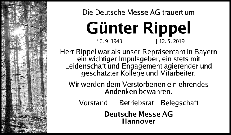  Traueranzeige für Günter Rippel vom 05.06.2019 aus Gesamtausgabe Nürnberger Nachrichten/ Nürnberger Ztg.