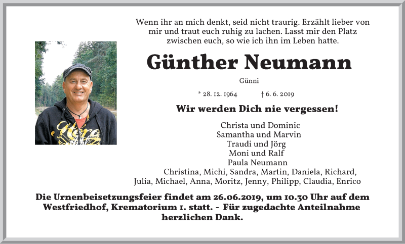  Traueranzeige für Günther Neumann vom 22.06.2019 aus Gesamtausgabe Nürnberger Nachrichten/ Nürnberger Ztg.