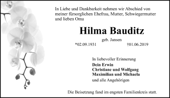 Traueranzeige von Hilma Bauditz von Erlanger Nachrichten Lokal