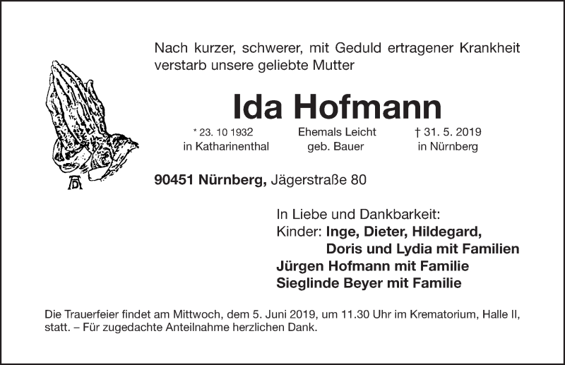  Traueranzeige für Ida Hofmann vom 04.06.2019 aus Gesamtausgabe Nürnberger Nachrichten/ Nürnberger Ztg.