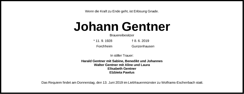  Traueranzeige für Johann Gentner vom 11.06.2019 aus Altmühl-Bote Lokal