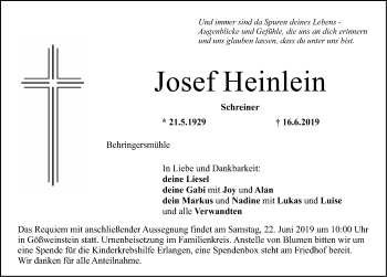Traueranzeige von Josef Heinlein von Nordbayerische Nachrichten Forchheim Lokal