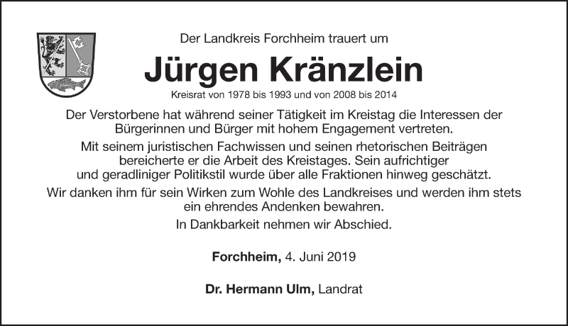  Traueranzeige für Jürgen Kränzlein vom 05.06.2019 aus Nordbayerische Nachrichten Forchheim Lokal