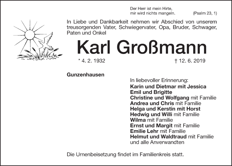  Traueranzeige für Karl Großmann vom 20.06.2019 aus Altmühl-Bote Lokal
