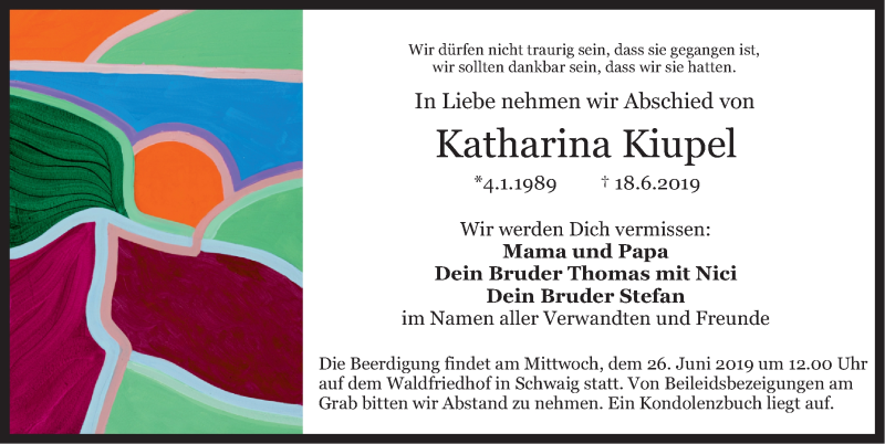  Traueranzeige für Katharina Kiupel vom 22.06.2019 aus Gesamtausgabe Nürnberger Nachrichten/ Nürnberger Ztg.
